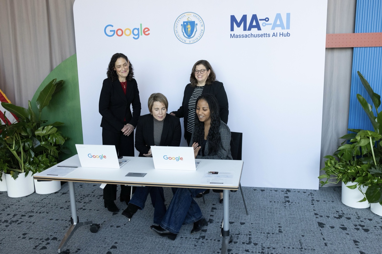 Governor Maura Healey and Google leaders with Massachusetts AI training graduates