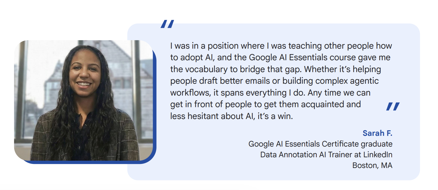 Sarah Forrest quote from the Google AI Essentials Massachusetts economic impact report