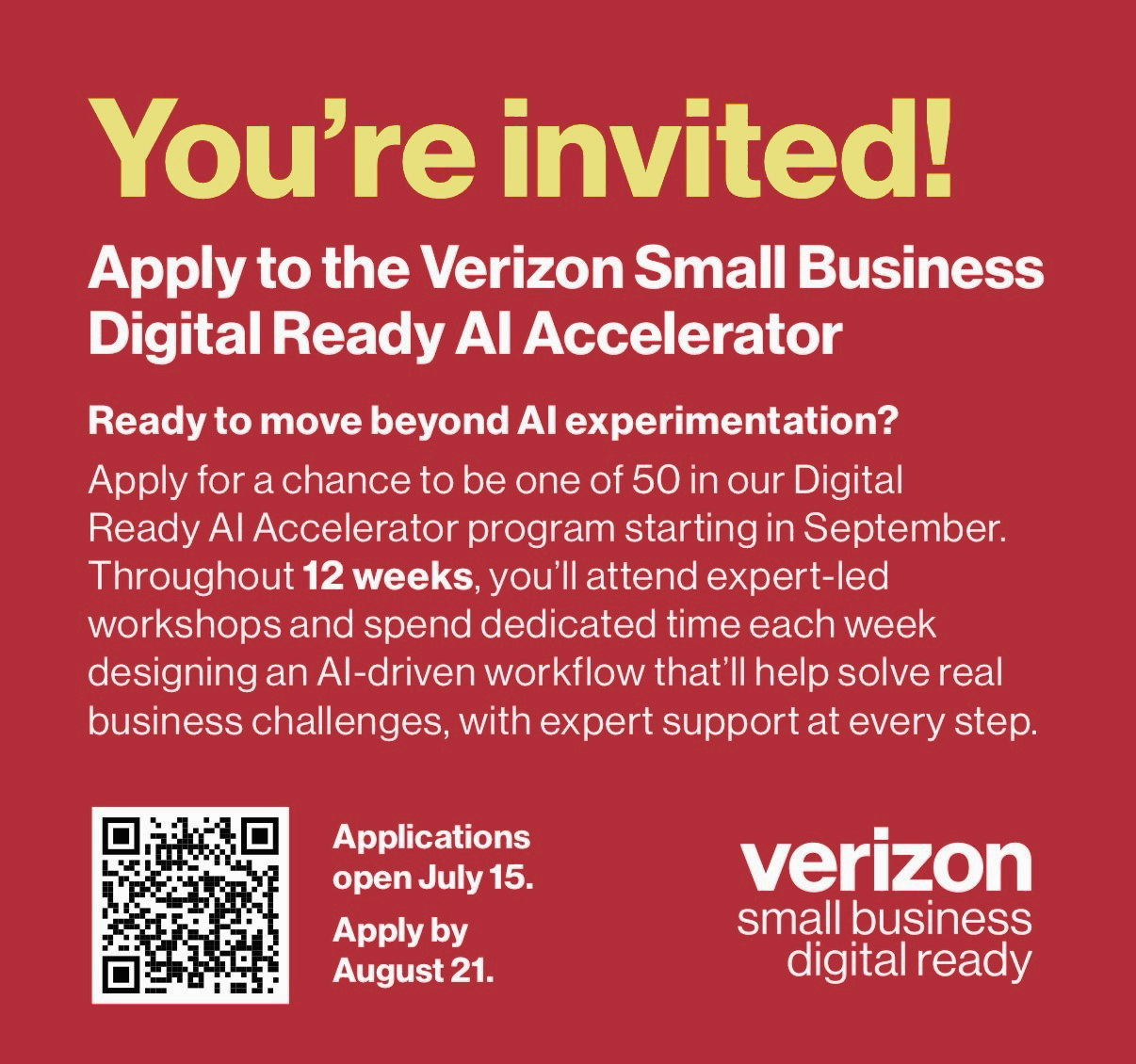 Invitation to apply to the Verizon Small Business Digital Ready AI Accelerator